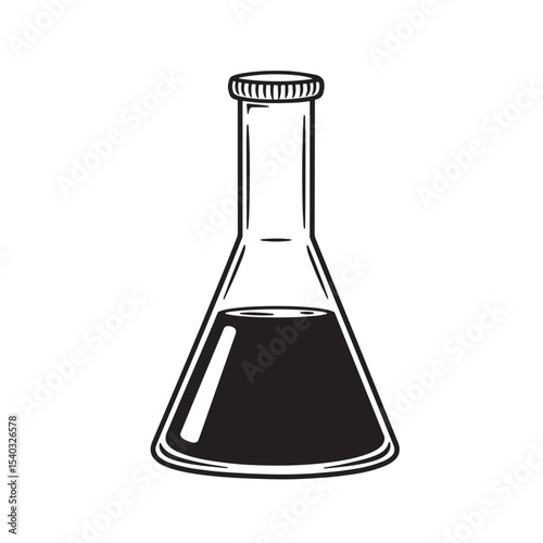 Simple vector illustration of a classic erlenmeyer flask with liquid in a vintage art style