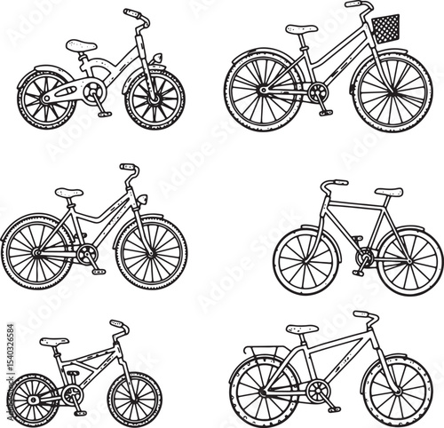 Collection of Six Different Bicycle Line Drawings Kids Bike, Mountain Bike, Road Bike, Cruiser Bike, and More
