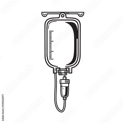 Vector illustration of a black and white medical drip bag symbolizing health treatment and care in a vintage art style