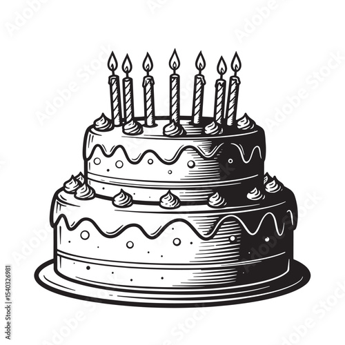 Two-tiered birthday cake with lit candles decorative frosting design with vintage art silhouette style perfect for celebrations