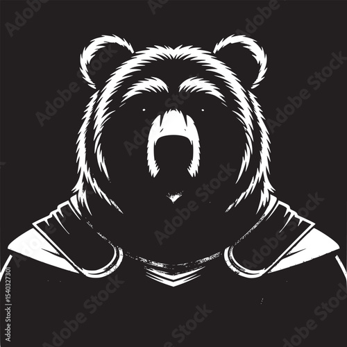 A cartoon bear wearing colorful armor with a brown background in a portrait style illustration