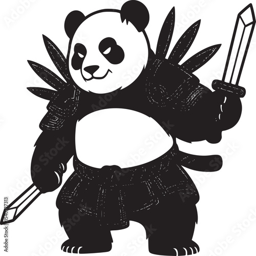 A cartoon panda bear dressed in samurai armor holding two swords on a light gray background image