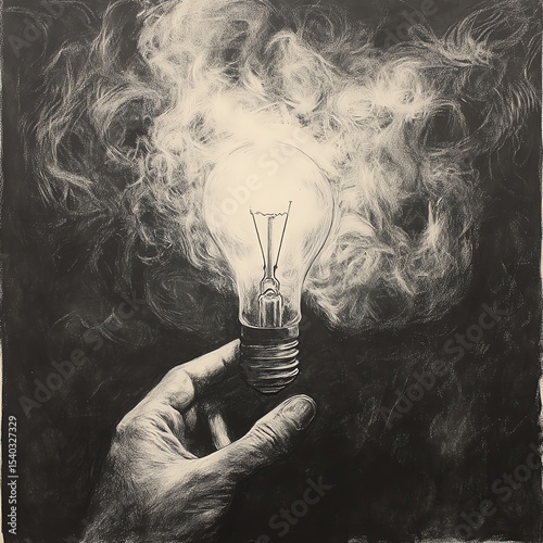 A hand holds a glowing light bulb amidst swirling smoke.