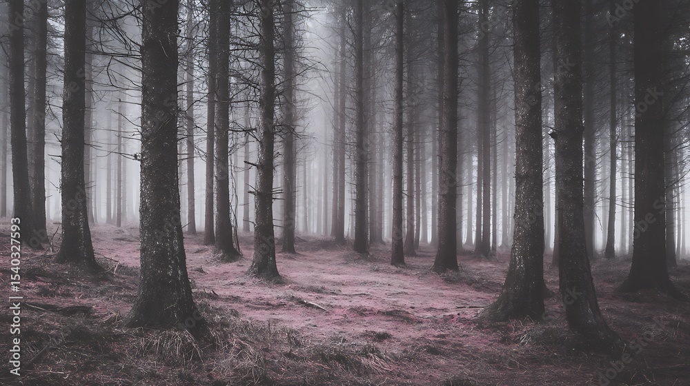 Fototapeta premium Ethereal forest landscape shrouded in mist