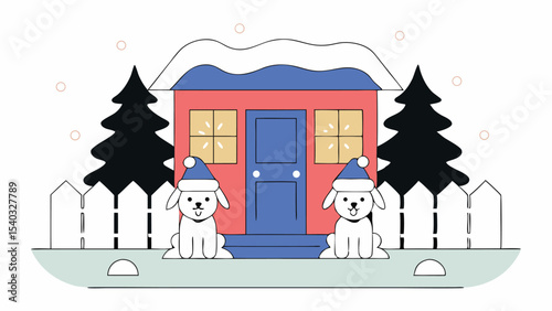 Two Cute Dogs in Santa Hats Sitting in Front of a Cozy Winter House