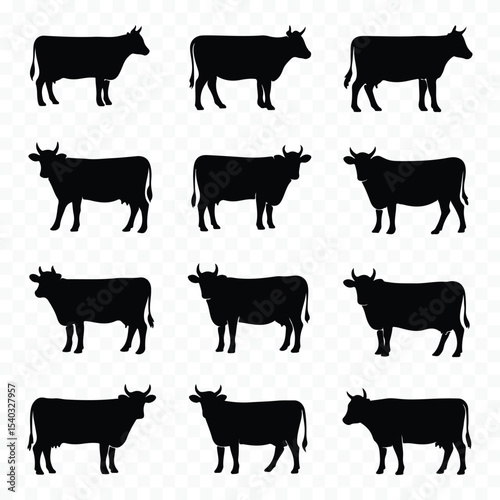 Twelve cow silhouettes farm animal set