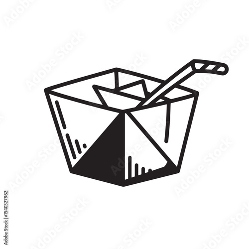 Vintage art silhouette illustration of a takeout container with a straw and paper boat elements