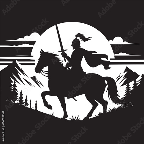 A silhouette of a knight riding a horse with a sword against a sunset and mountain backdrop scene