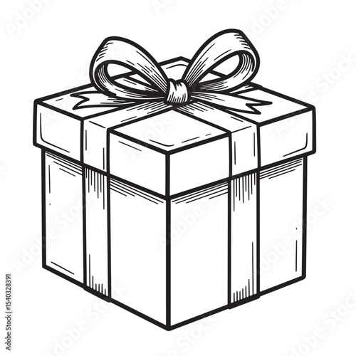 Vintage art silhouette of a beautifully wrapped gift box with a decorative bow for festive occasions.