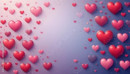 Red hearts and heart-shaped balloons on a romantic red background for Valentine's Day celebration