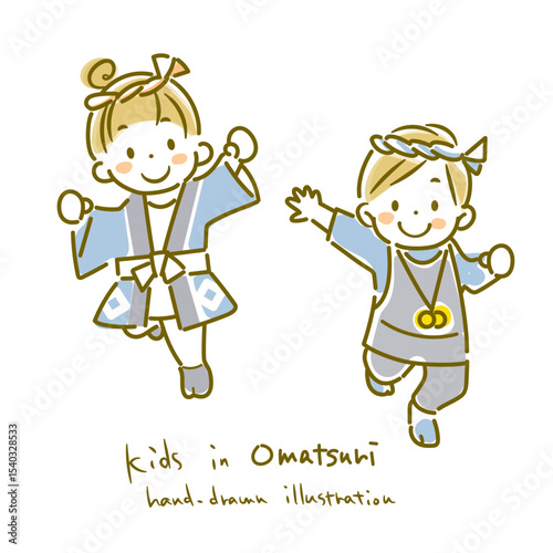 お祭りを楽しむ子供たち　シンプルでかわいい線画イラスト