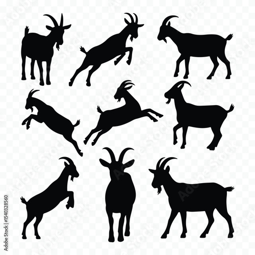 Nine goat silhouettes in various poses silhouette
