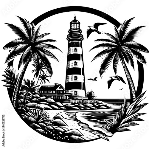 lighthouse and palm trees