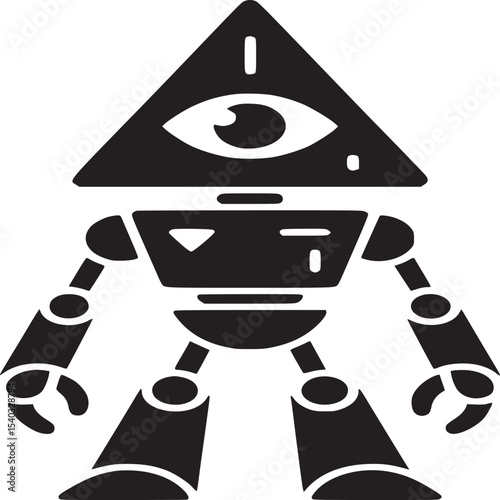A black and white illustration of a robot with a triangle head and an eye in the triangle shape