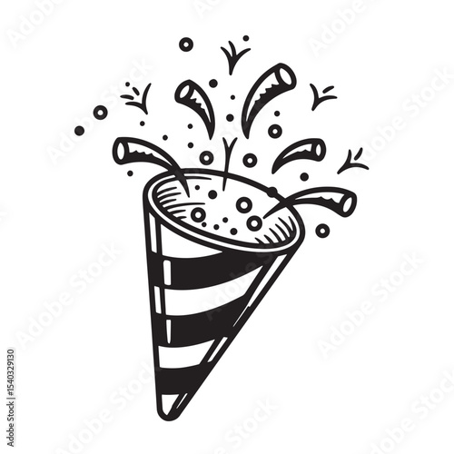 Vintage art style illustration depicting a party popper releasing celebratory elements for a festive occasion celebration