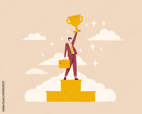 Business Achievement and Success Concept Businessman Holding Trophy on Podium with Sky Clouds and Stars Background Flat Vector Illustration