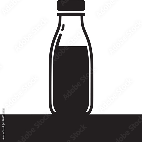 A minimalist illustration of a bottle with dark liquid against a tan background on a black surface