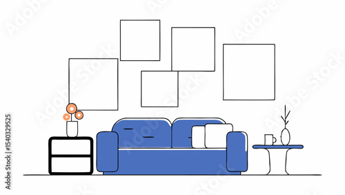 Minimalist Living Room Interior Design with Blue Sofa and Artwork