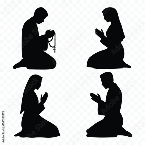 Praying people silhouette set illustration