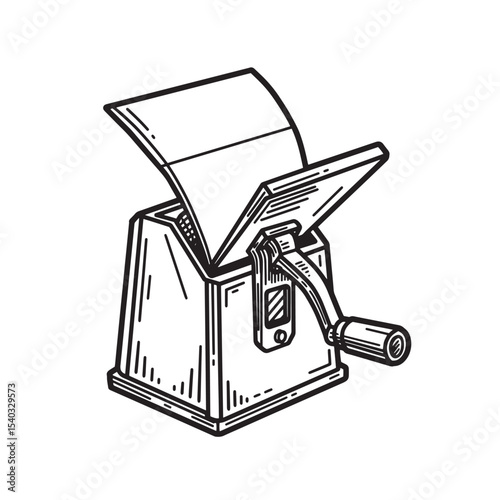 Vintage hand crank paper shredder silhouette illustration in black and white isolated on white background