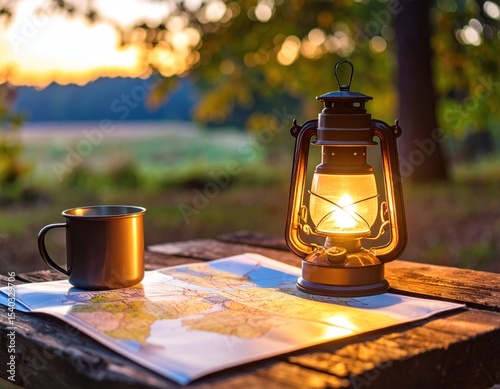 Rustic camping scene at sunset.  A metal mug and kerosene lantern sit on a wooden table beside a map, bathed in golden light