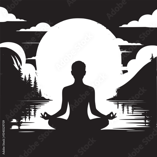 Silhouette of a person meditating by a lake with mountains and a sunset in the background scene
