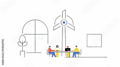 Team Meeting in Eco-Friendly Office with Wind Turbine