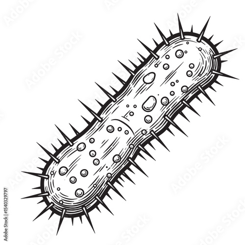 Vintage silhouette illustration of a bacterium microorganism with sharp spikes and intricate details against white background