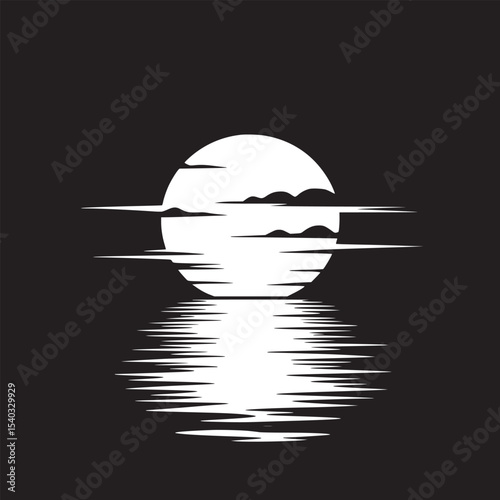 A stylized sunset illustration with a large sun reflecting on a dark body of water below it
