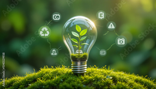 Luminous light bulb with a green plant growing inside, surrounded by interconnected environmental icons on moss. Symbolizes sustainable energy, eco-innovation, and global environmental solutions