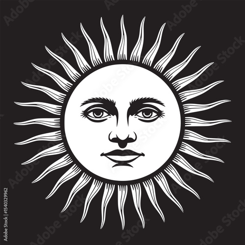 An illustration of a sun with a human face on a gradient background of orange and dark brown color