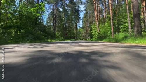 The car is driving fast along a country road, the camera is located close to the ground. It's summer outside, forest. First person view