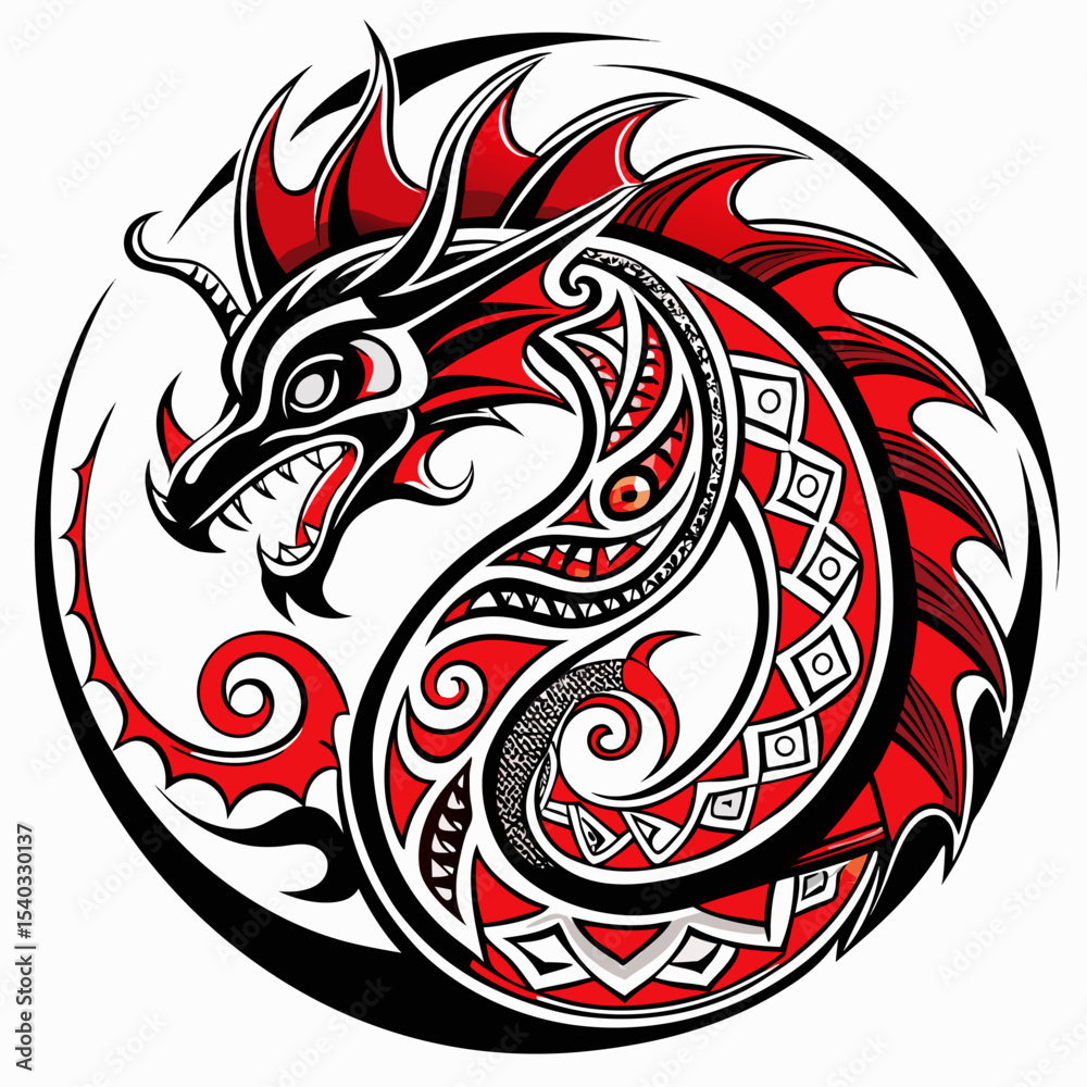 Fototapeta premium Red tribal dragon tattoo design illustration with floral elements
