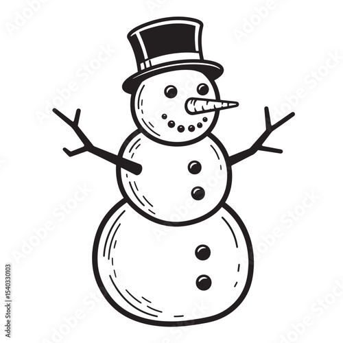 Vintage silhouette of a festive snowman wearing a top hat and smiling joyfully on a winter day