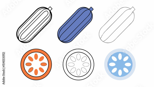 Cucumber Illustration Whole, Colored, and Outline Versions with Cross-Sections