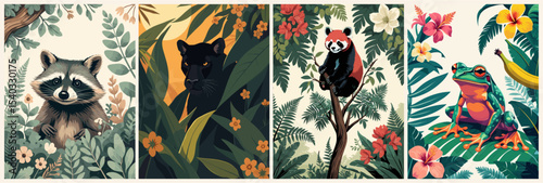 Set of Jungle retro posters with different exotic animals. Trendy vintage style wall art, card, print template in vivid bright colors. Vector flat illustrations