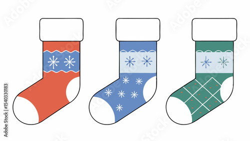 Three Christmas Stockings with Snowflake and Diamond Patterns