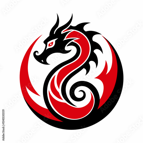 Red dragon vector tattoo design with tribal art decoration and fiery floral elements