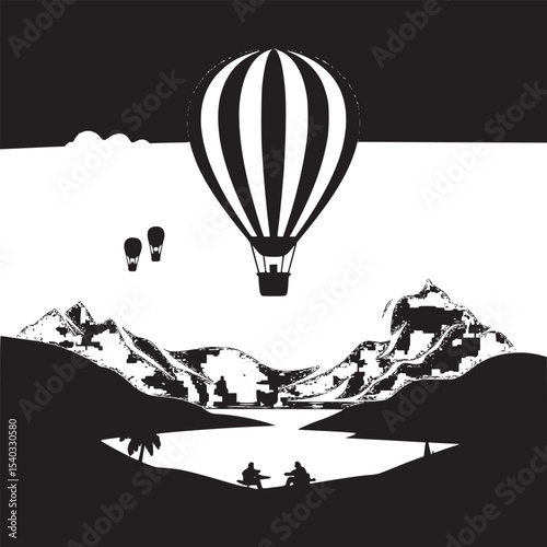 Hot air balloons over a scenic landscape with mountains and people relaxing near a lake at sunset