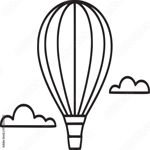 A simple line drawing of a hot air balloon with two clouds on a plain white background design art