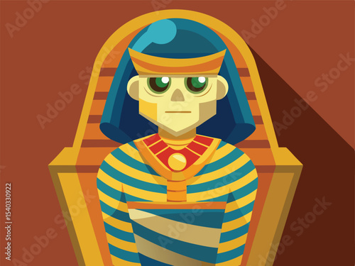 A stylized, cartoon representation of an ancient Egyptian pharaoh seated in a sarcophagus.