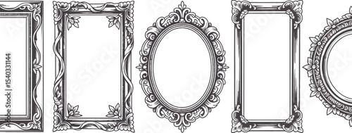 Ornate frames in various shapes and sizes with intricate designs displayed on a white background surface
