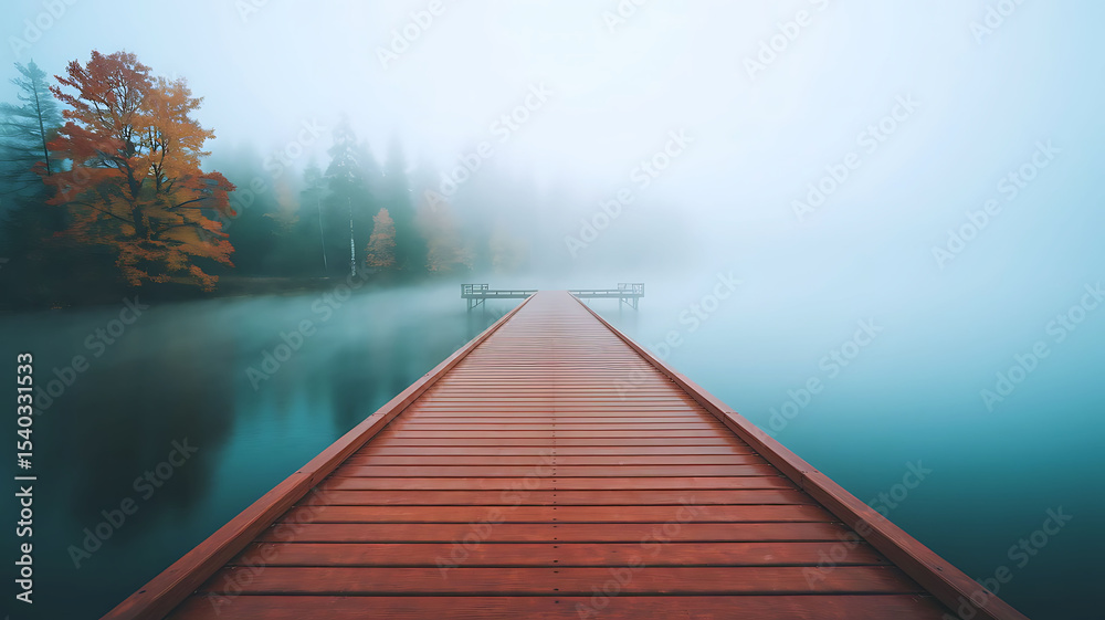 Fototapeta premium Red Wooden Dock Extending into Misty Teal Lake Autumn Trees