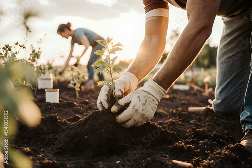 Person planting trees or working in community garden supporting local food production and habitat restoration, concept of Sustainability and Community Engagement