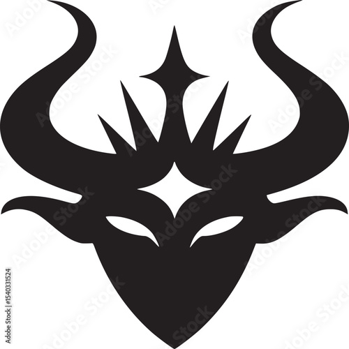 A stylized black silhouette of a horned creature on a light beige background in a minimalist design
