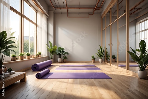 Serene yoga studio with sunlight and plants