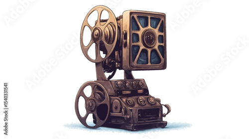 Digital illustration of a vintage film projector. The illustration depicts a stylized, somewhat steampunk-esque design. The projector is rendered in shades of brass or copper