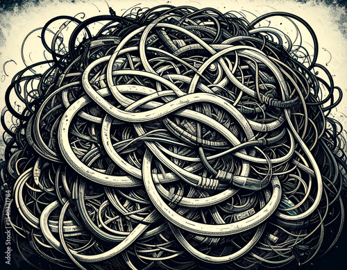A tangled mess of computer cables and wires, symbolizing technological chaos or a system overload.