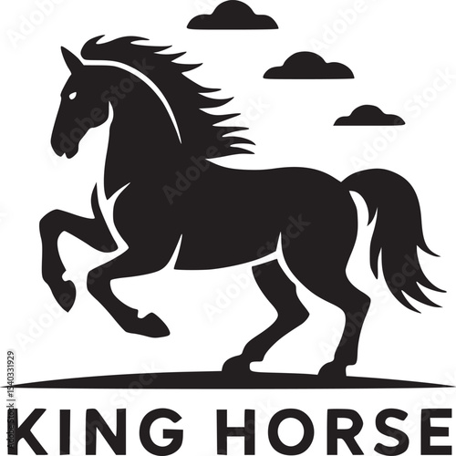A black horse silhouette rearing up with a flowing mane and tail beneath three simple cloud shapes