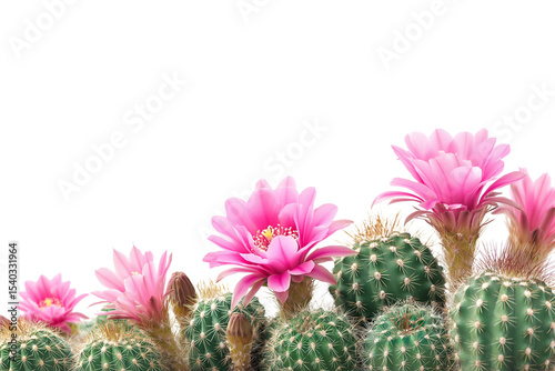 collection of green cactus plants adorned with vibrant pink flowers in full bloom isolated on white background